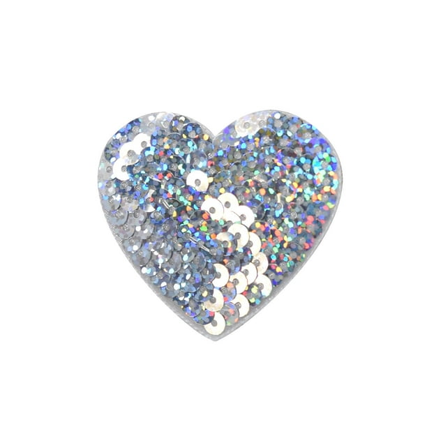 SEQUIN HEART IRON ON BADGE SEW ON PATCH SILVER EMBROIDERED APPLIQUE